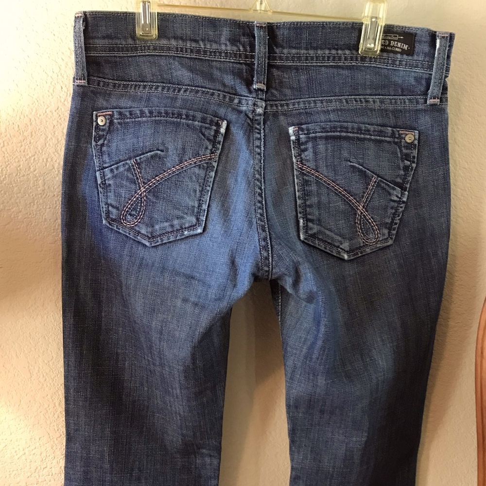 James Jeans dry aged denim, pink stitching, 27